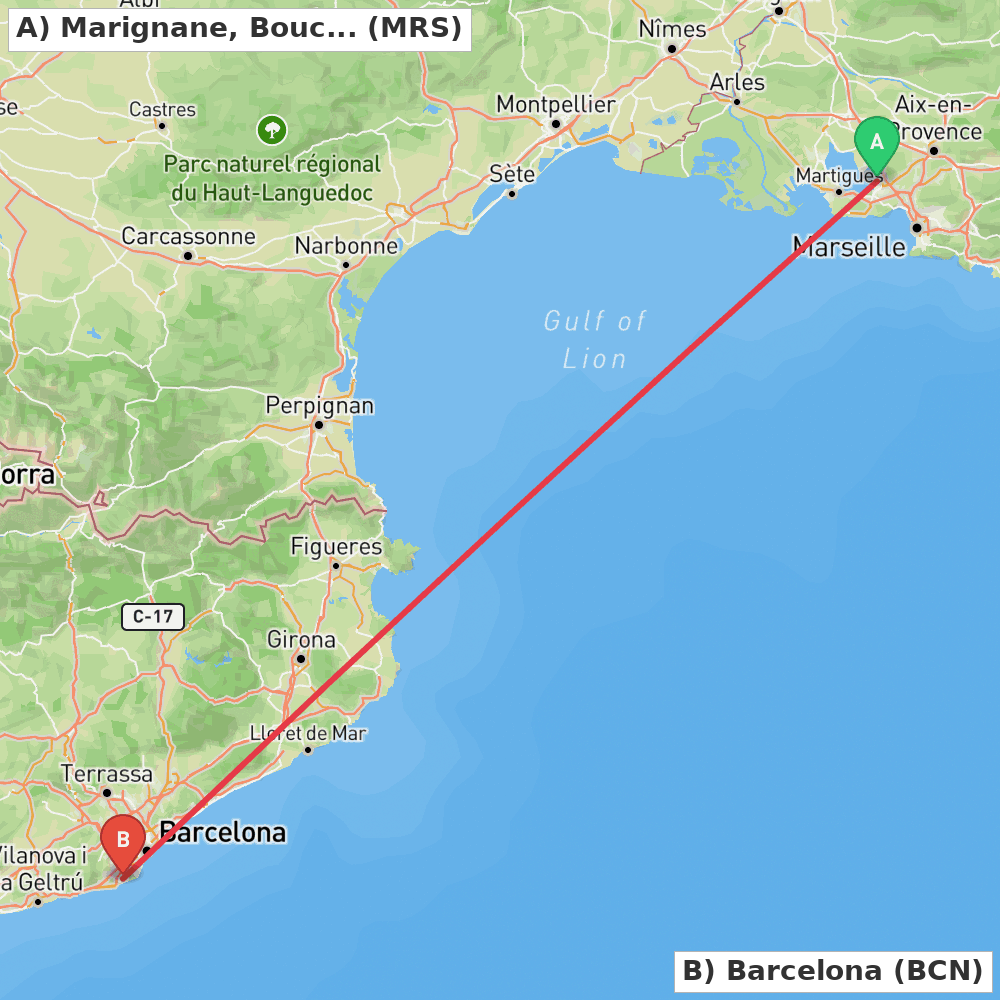 Flight route map from Marignane, Bouches-du-Rhône to Barcelona