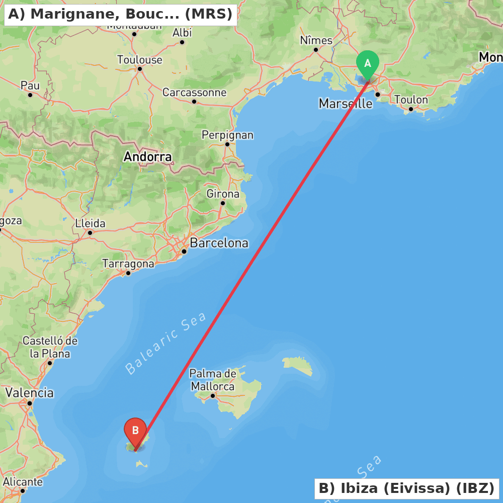 Flight route map from Marignane, Bouches-du-Rhône to Ibiza (Eivissa)