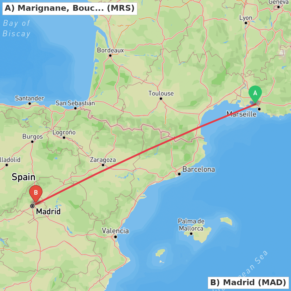 Flight route map from Marignane, Bouches-du-Rhône to Madrid