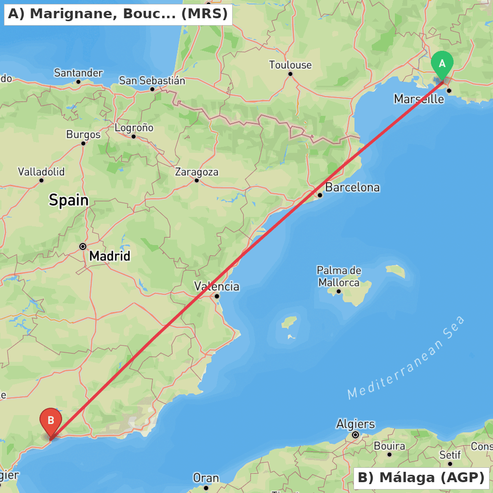 Flight route map from Marignane, Bouches-du-Rhône to Málaga