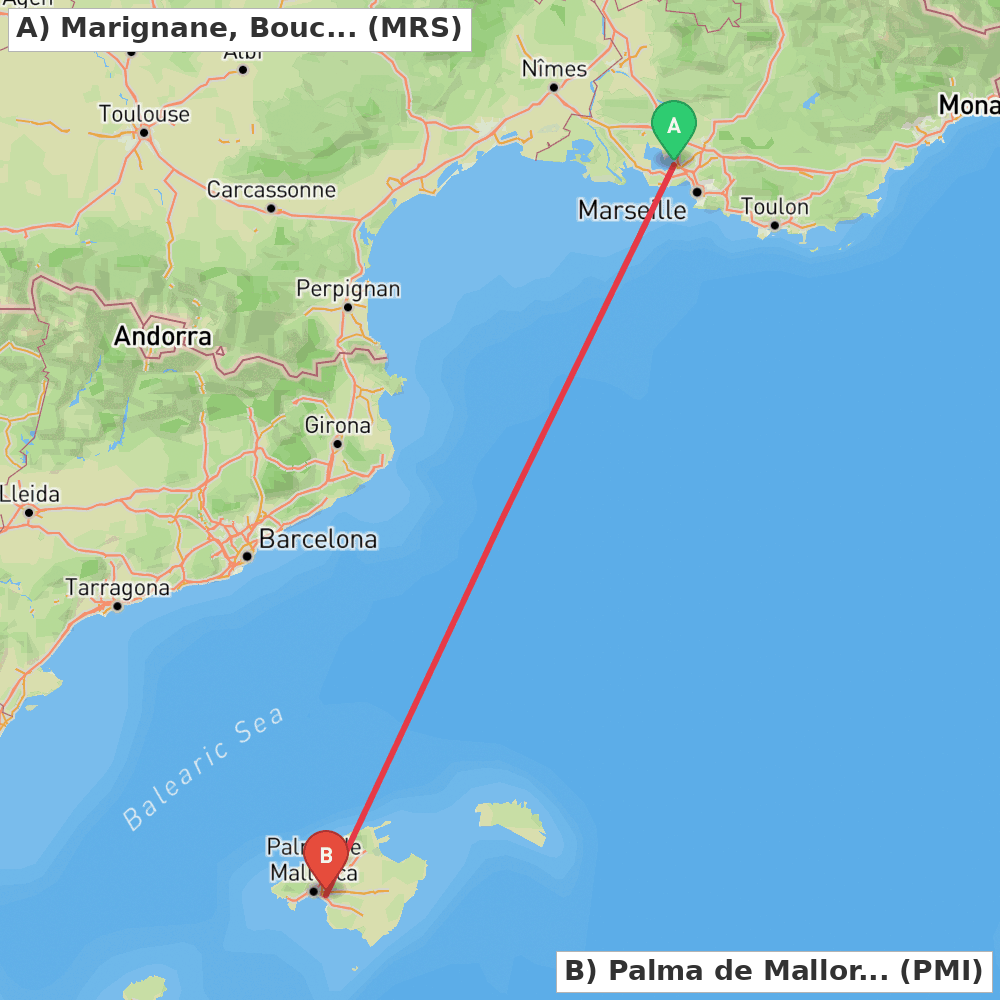 Flight route map from Marignane, Bouches-du-Rhône to Palma de Mallorca