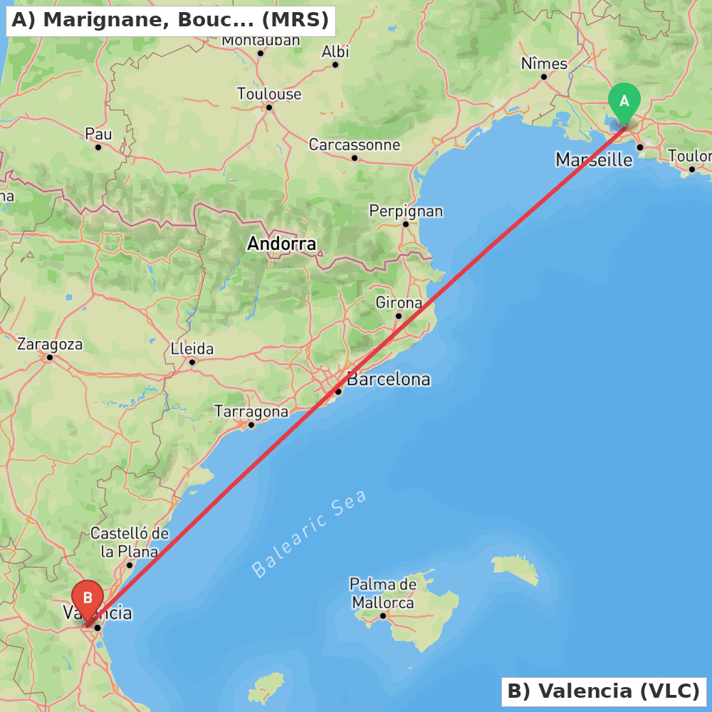 Flight route map from Marignane, Bouches-du-Rhône to Valencia