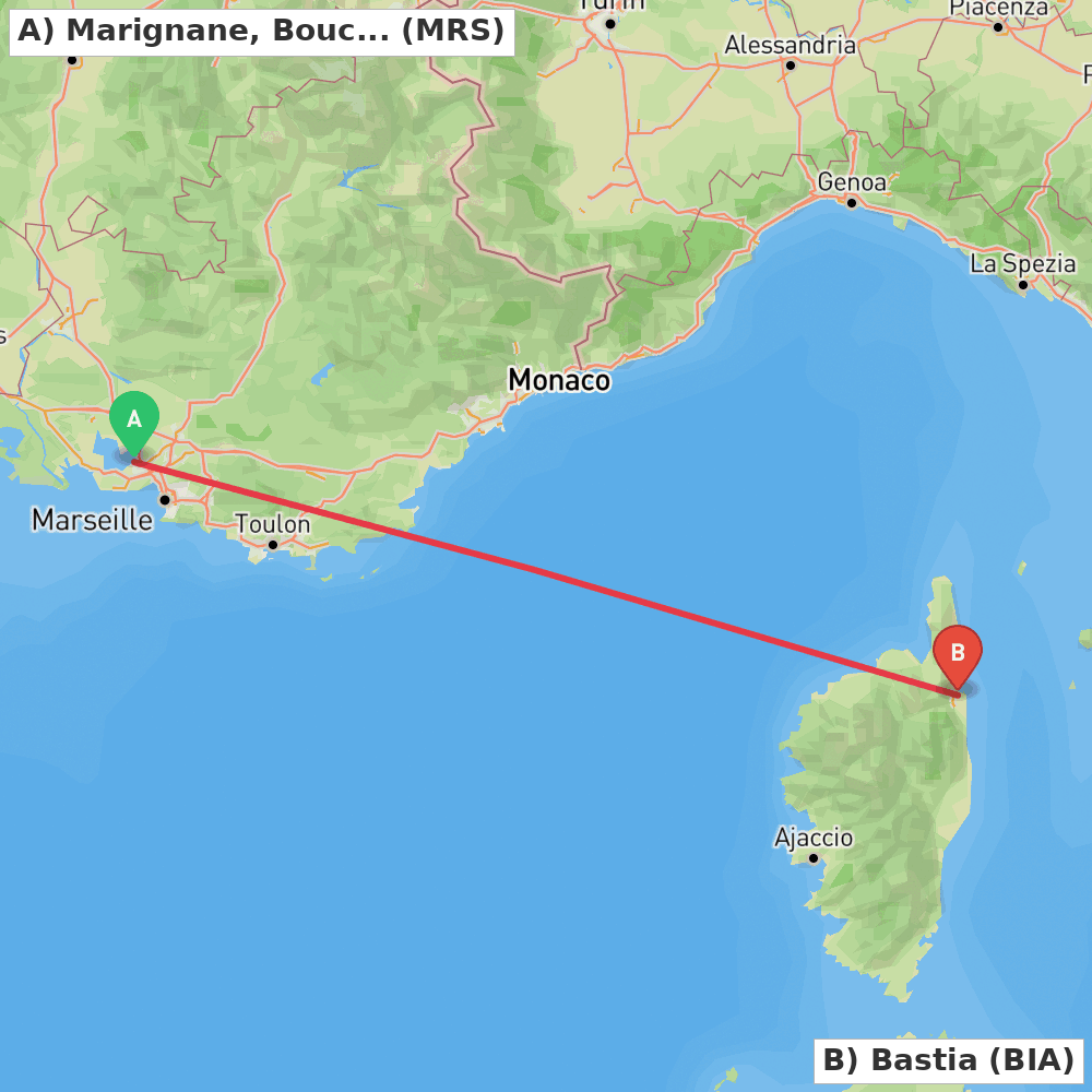 Flight route map from Marignane, Bouches-du-Rhône to Bastia