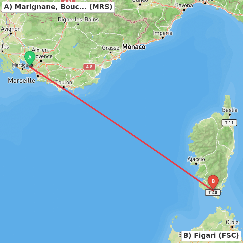 Flight route map from Marignane, Bouches-du-Rhône to Figari
