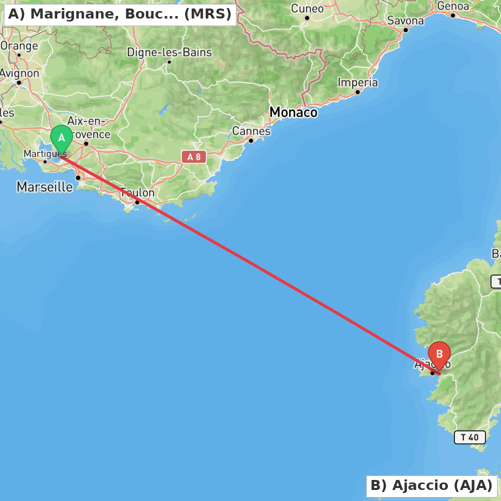 Flight route map from Marignane, Bouches-du-Rhône to Ajaccio
