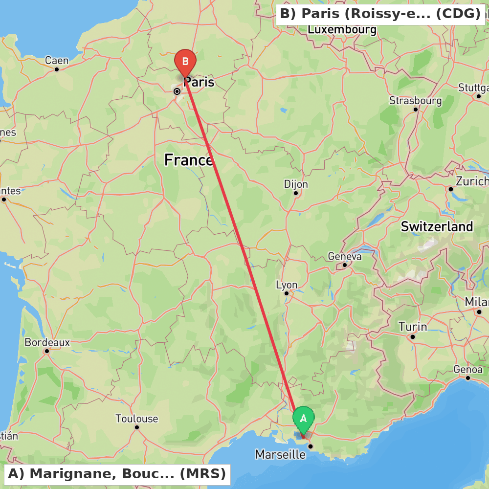 Flight route map from Marignane, Bouches-du-Rhône to Paris (Roissy-en-France, Val-d'Oise)