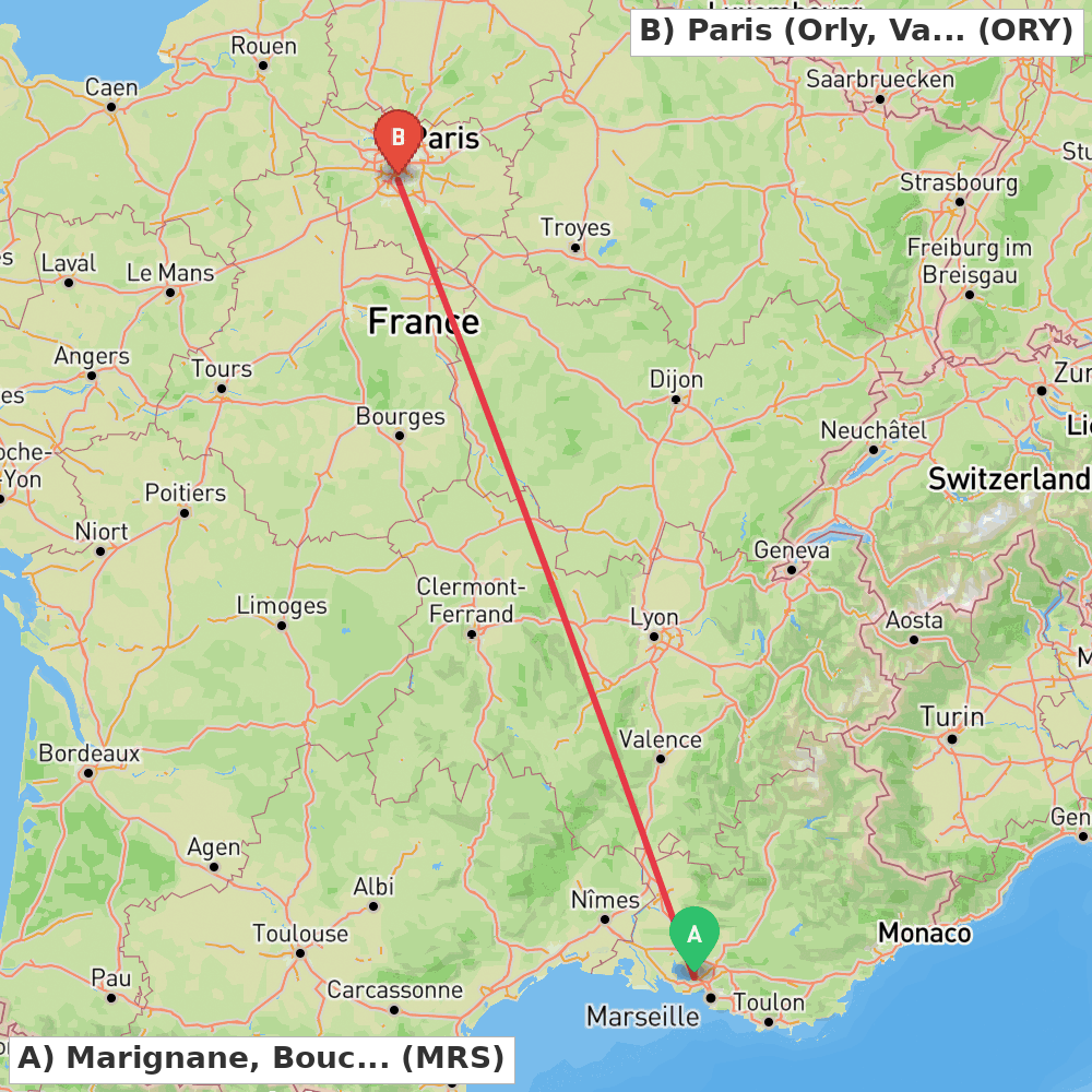 Flight route map from Marignane, Bouches-du-Rhône to Paris (Orly, Val-de-Marne)