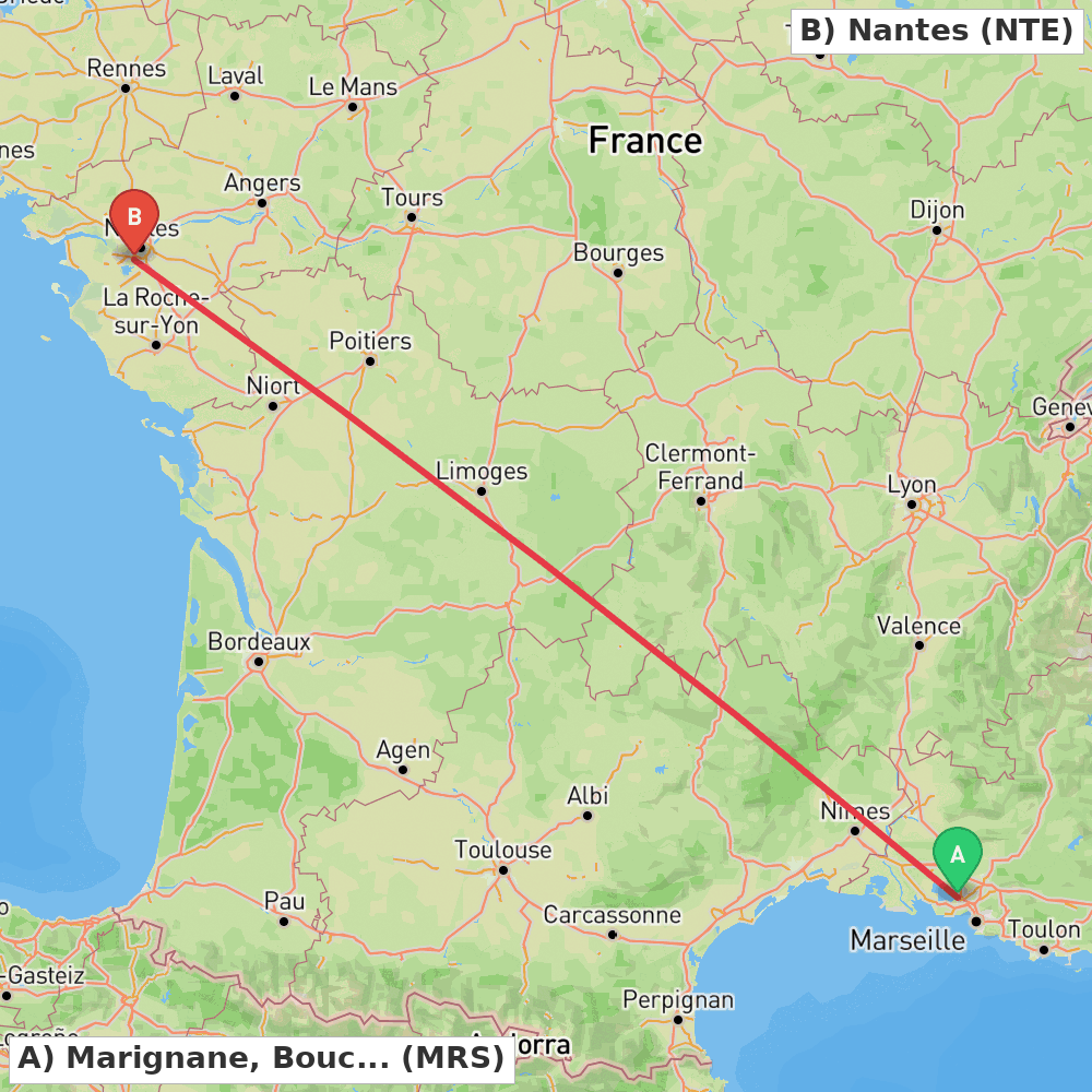 Flight route map from Marignane, Bouches-du-Rhône to Nantes