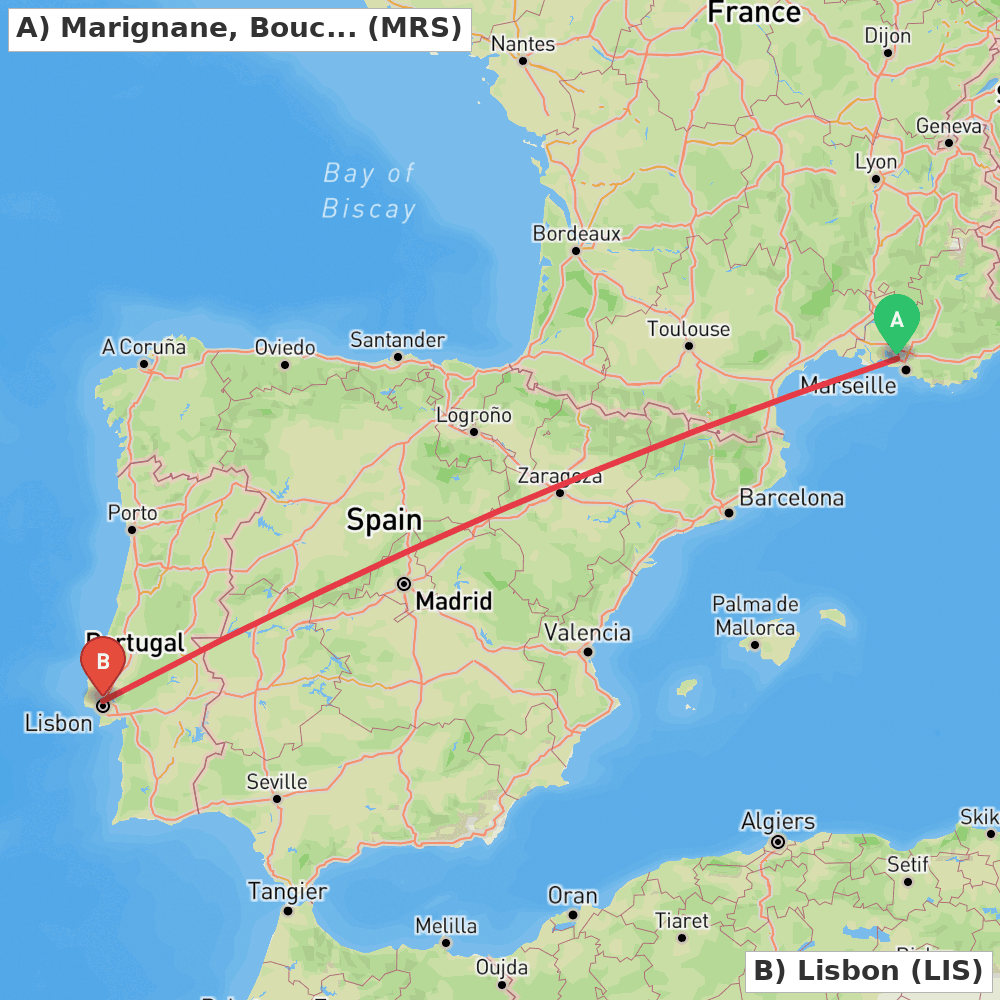Flight route map from Marignane, Bouches-du-Rhône to Lisbon