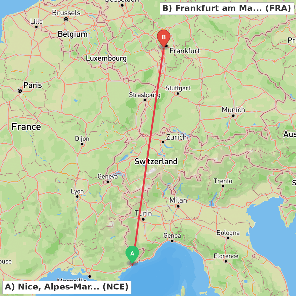 Flight route map from Nice, Alpes-Maritimes to Frankfurt am Main