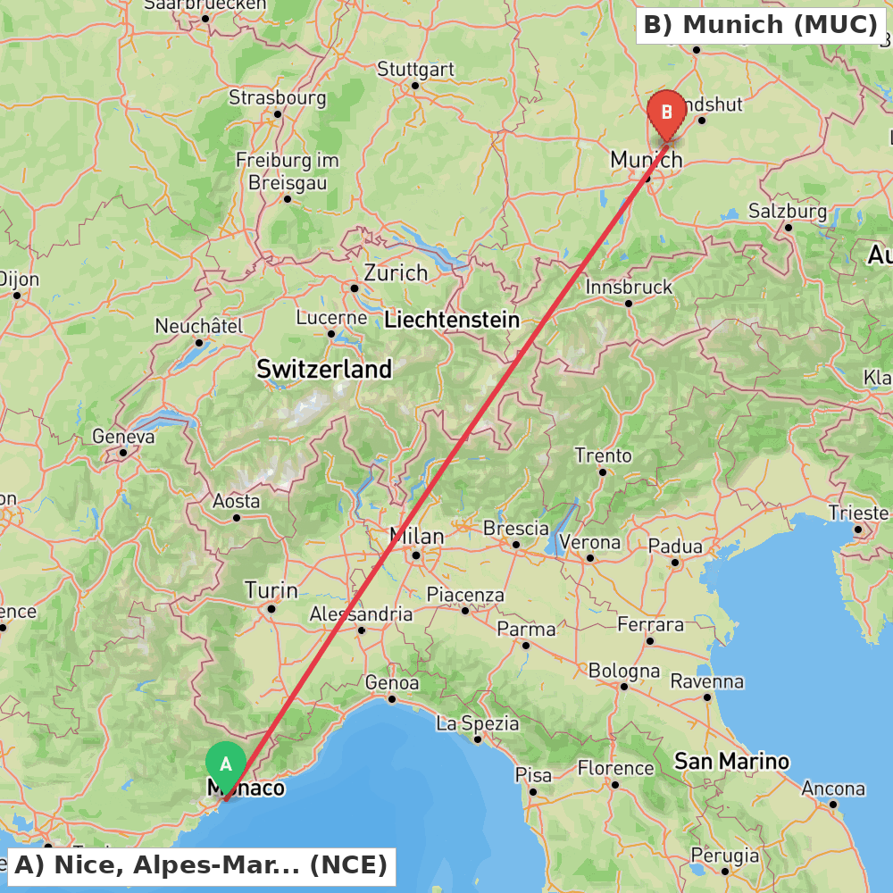 Flight route map from Nice, Alpes-Maritimes to Munich