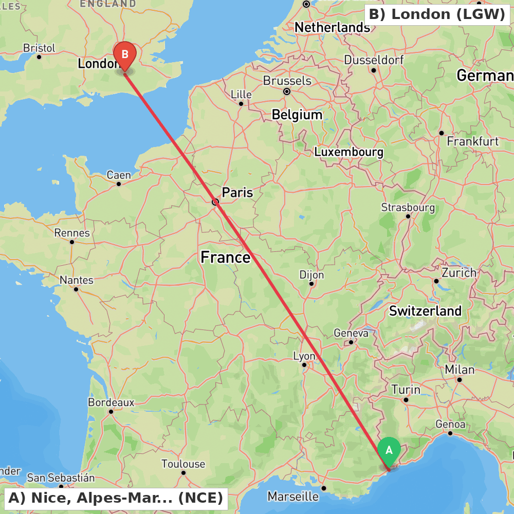 Flight route map from Nice, Alpes-Maritimes to London