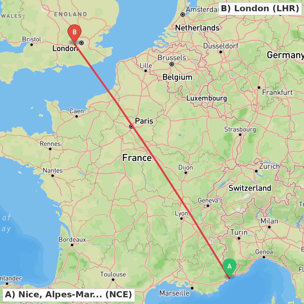 Flight route map from Nice, Alpes-Maritimes to London