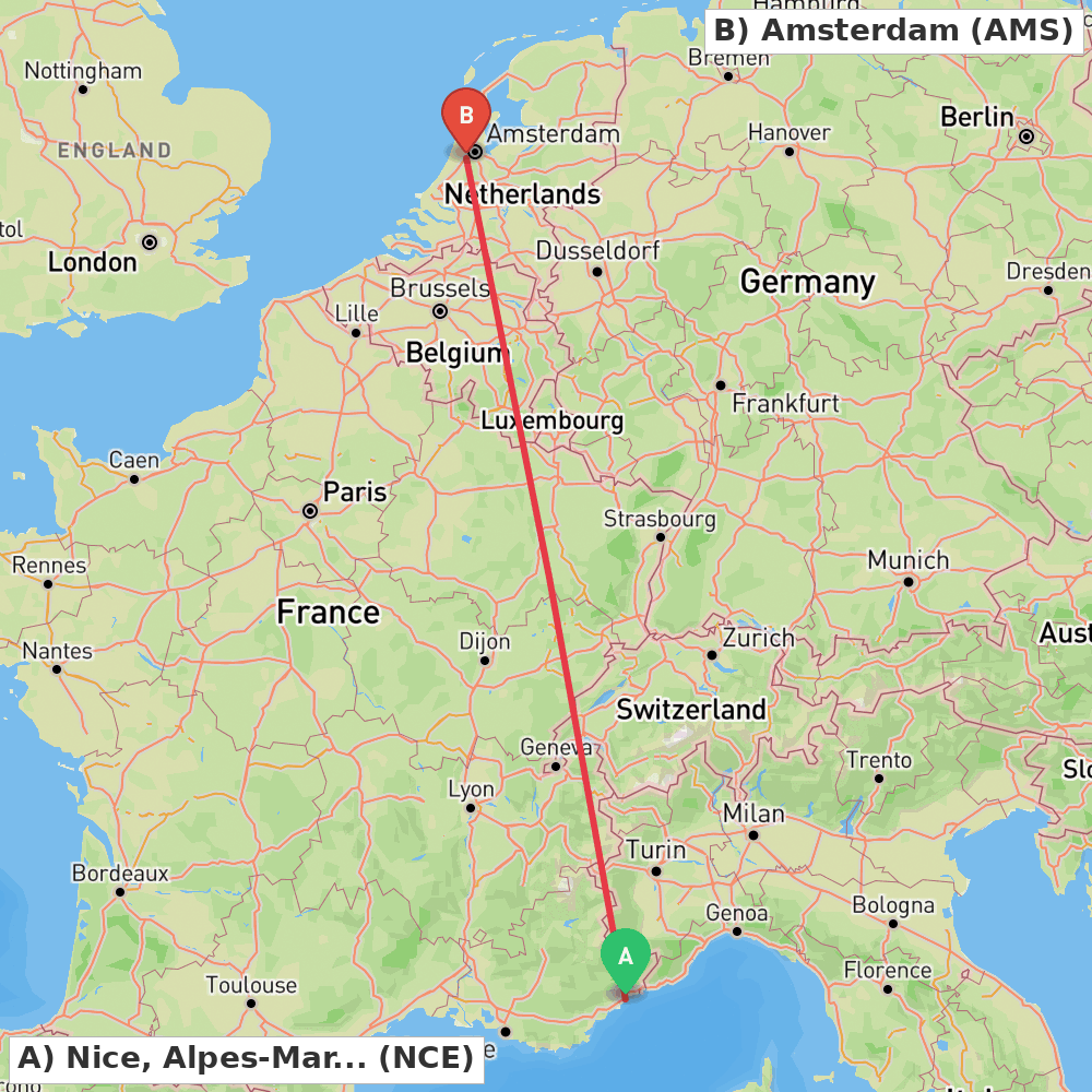 Flight route map from Nice, Alpes-Maritimes to Amsterdam