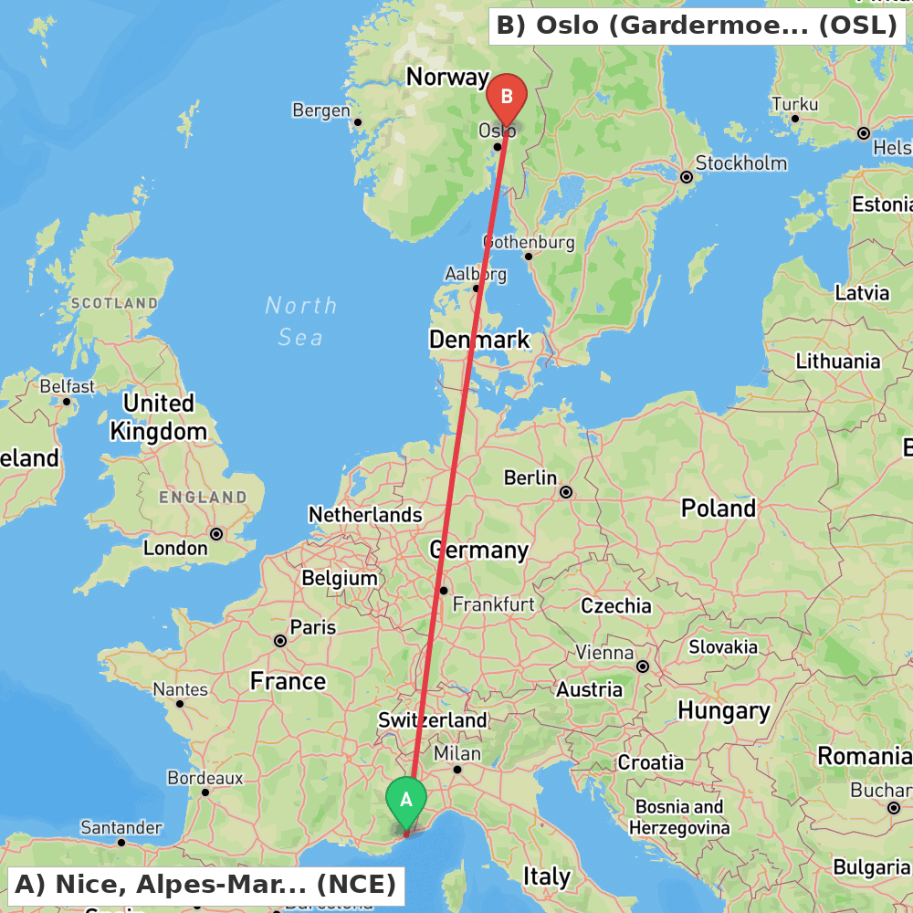 Flight route map from Nice, Alpes-Maritimes to Oslo (Gardermoen)