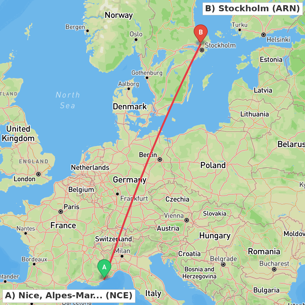 Flight route map from Nice, Alpes-Maritimes to Stockholm