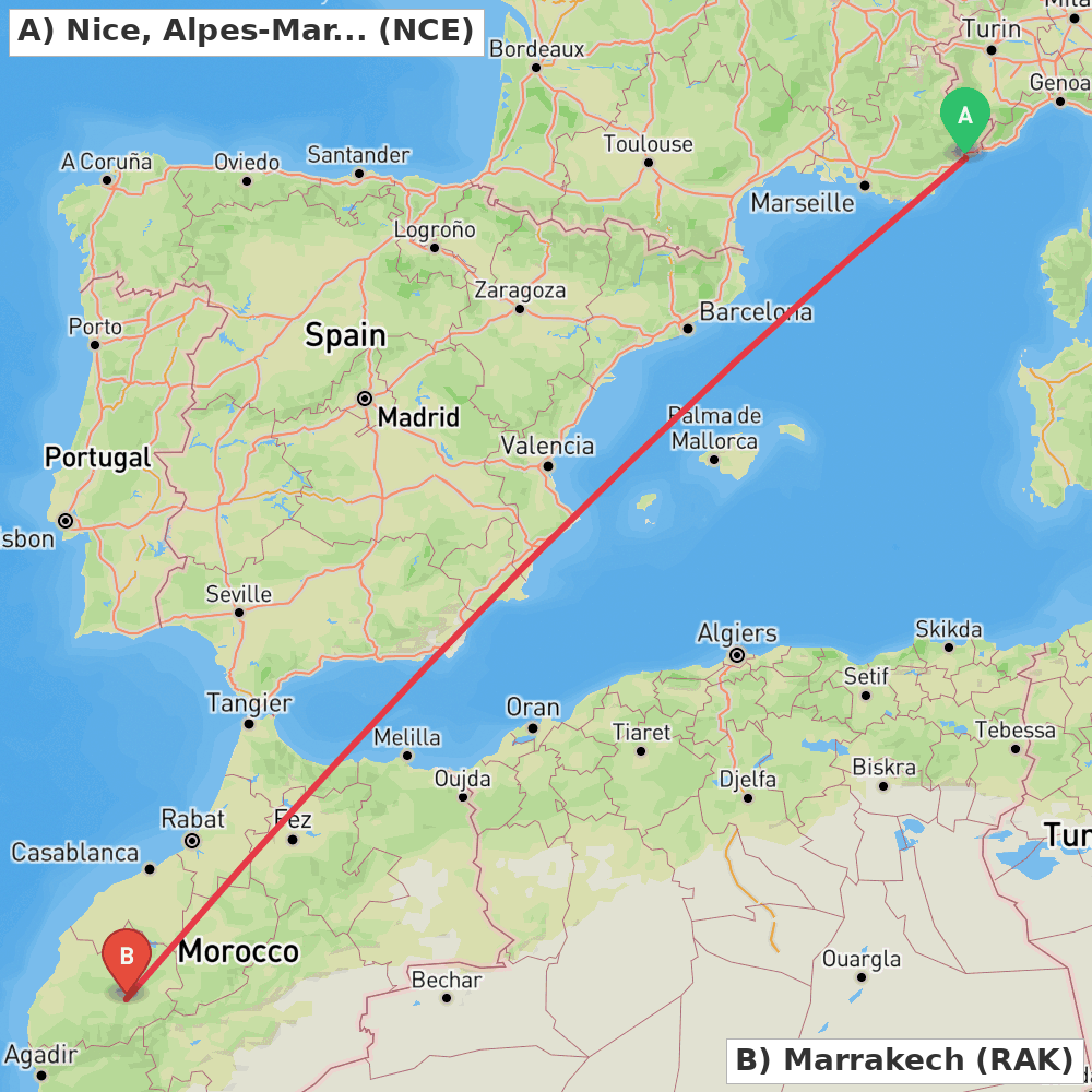 Flight route map from Nice, Alpes-Maritimes to Marrakech