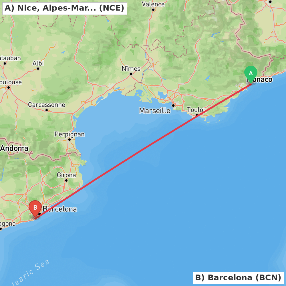 Flight route map from Nice, Alpes-Maritimes to Barcelona