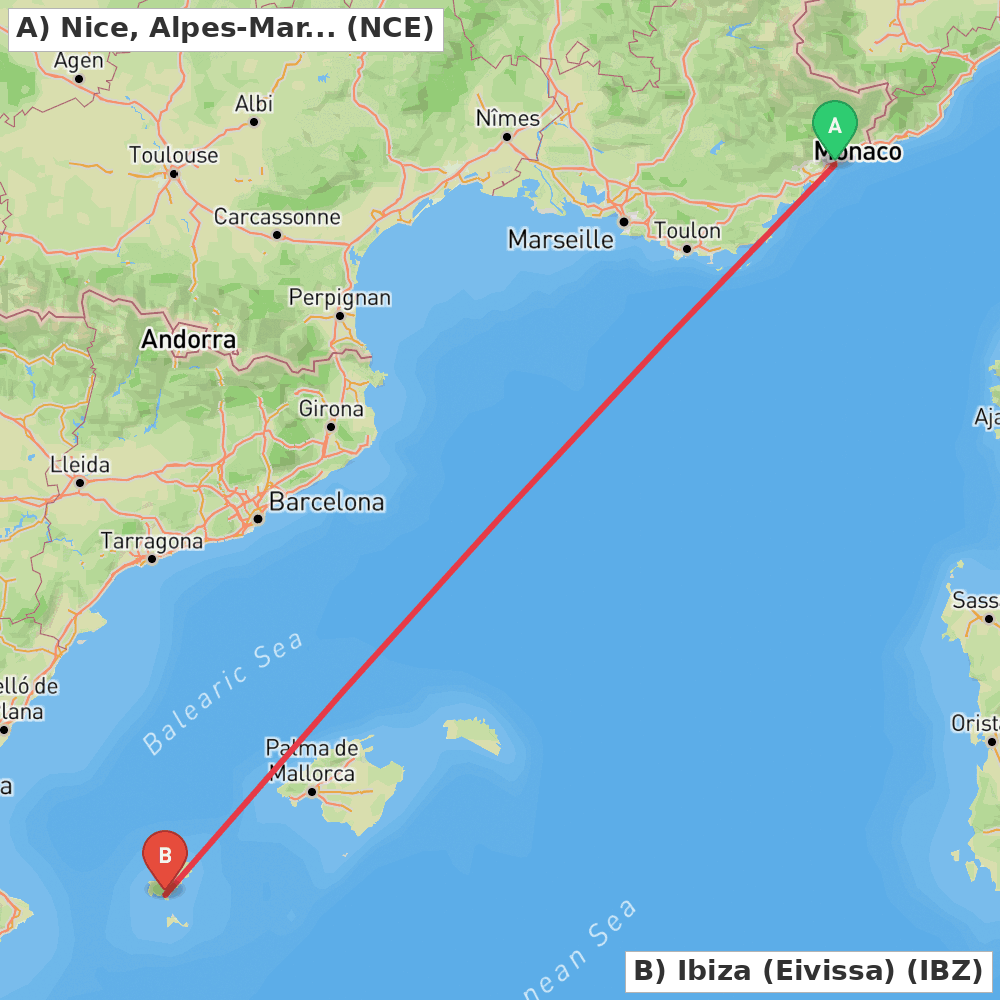 Flight route map from Nice, Alpes-Maritimes to Ibiza (Eivissa)
