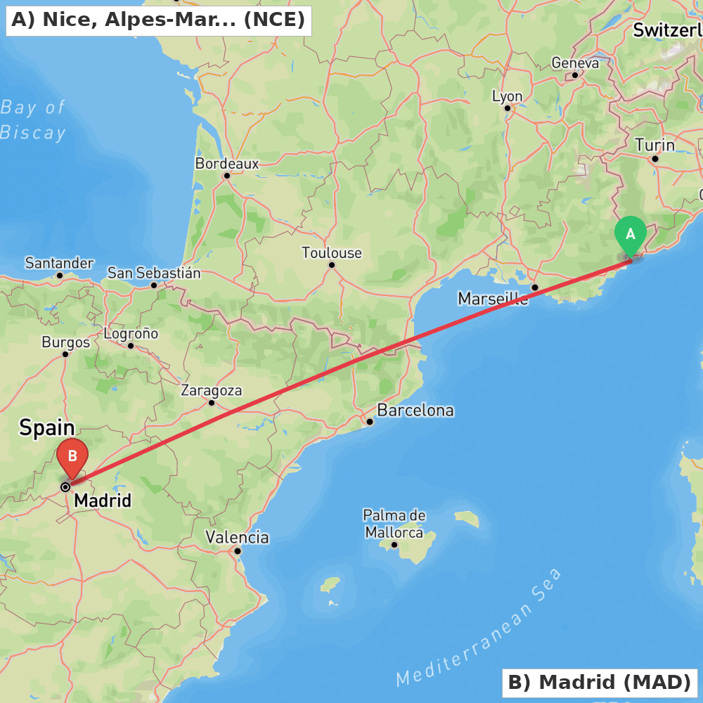 Flight route map from Nice, Alpes-Maritimes to Madrid