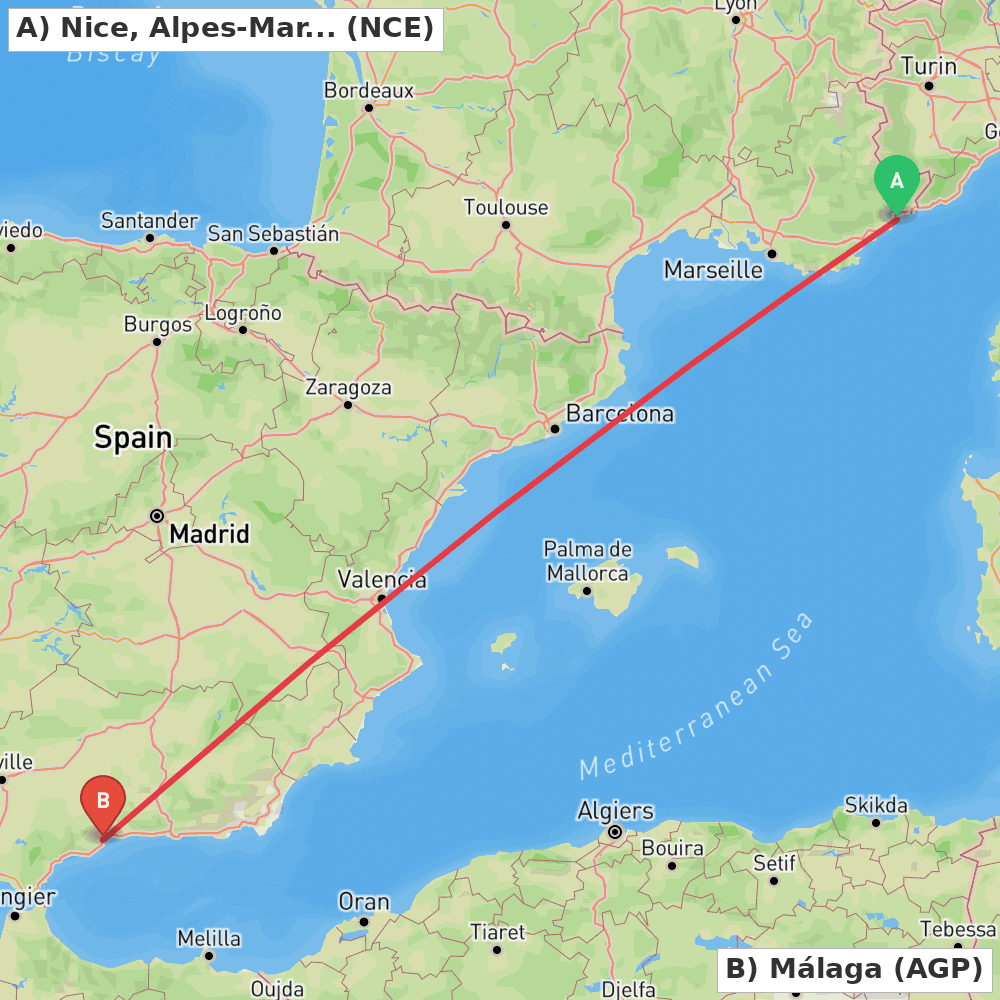 Flight route map from Nice, Alpes-Maritimes to Málaga