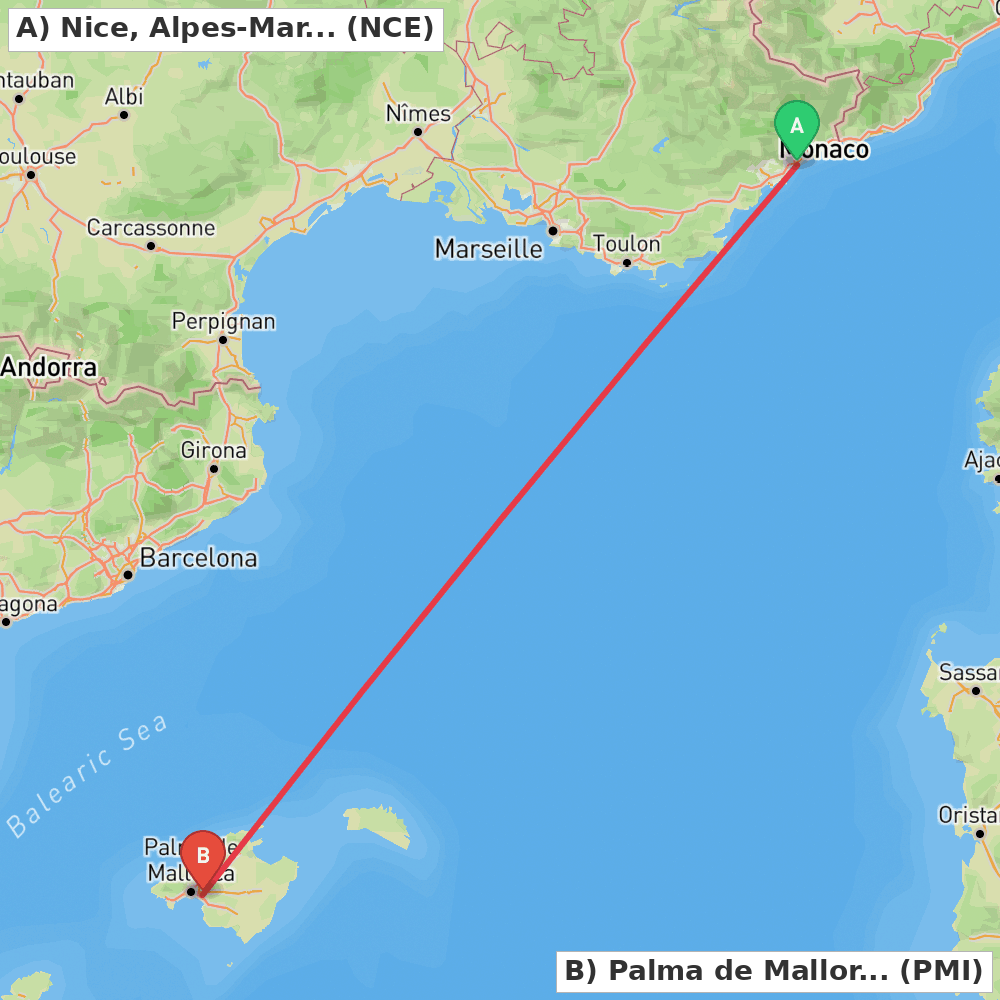 Flight route map from Nice, Alpes-Maritimes to Palma de Mallorca