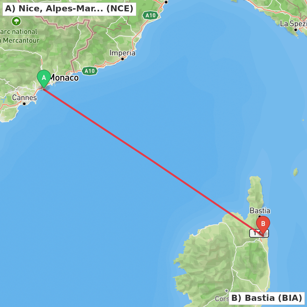 Flight route map from Nice, Alpes-Maritimes to Bastia