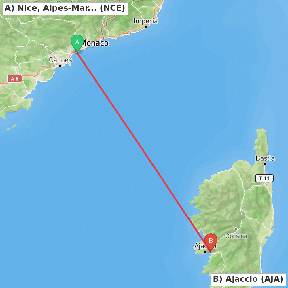 Flight route map from Nice, Alpes-Maritimes to Ajaccio