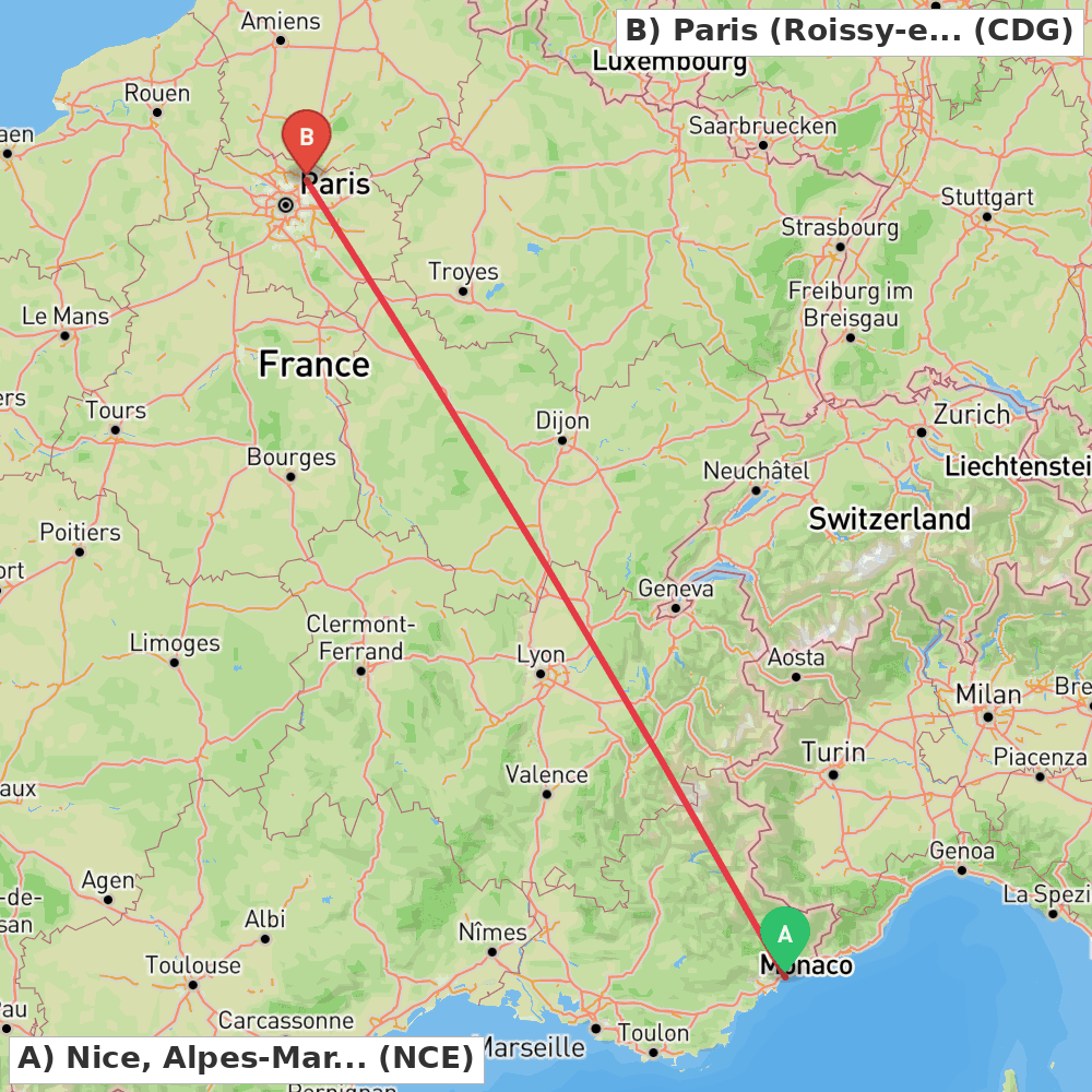 Flight route map from Nice, Alpes-Maritimes to Paris (Roissy-en-France, Val-d'Oise)