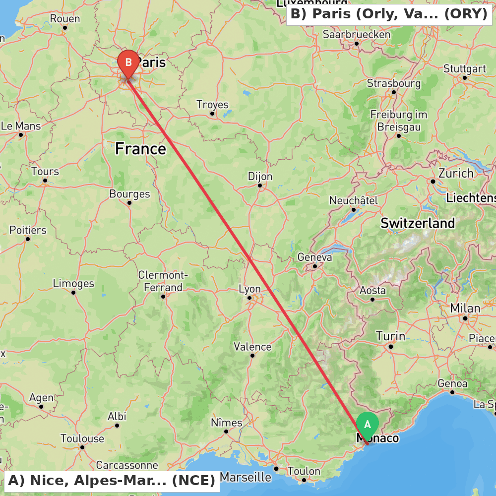 Flight route map from Nice, Alpes-Maritimes to Paris (Orly, Val-de-Marne)
