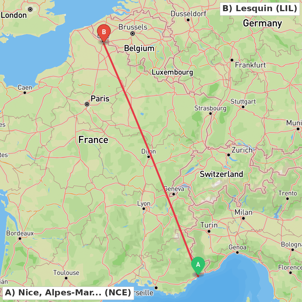 Flight route map from Nice, Alpes-Maritimes to Lesquin