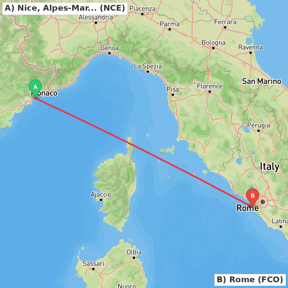 Flight route map from Nice, Alpes-Maritimes to Rome