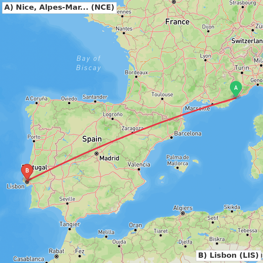 Flight route map from Nice, Alpes-Maritimes to Lisbon