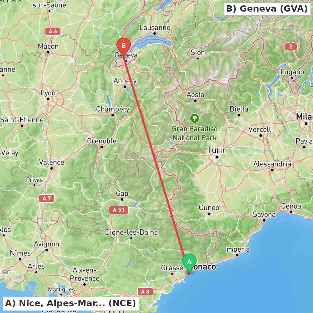 Flight route map from Nice, Alpes-Maritimes to Geneva