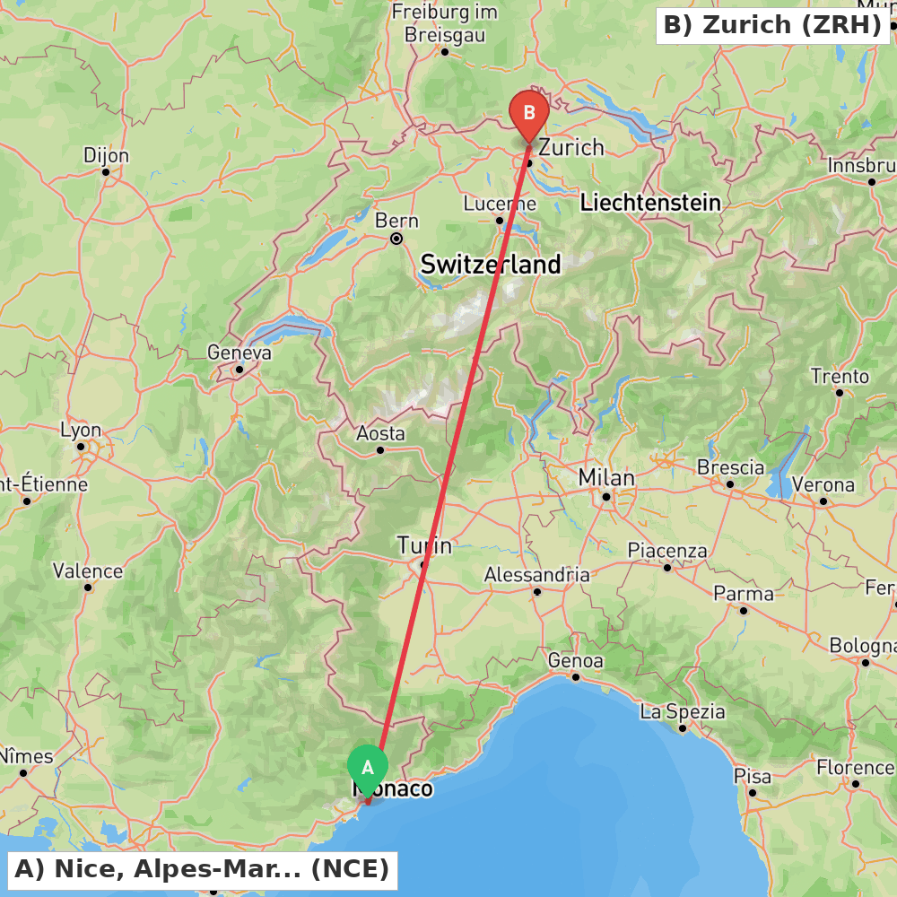 Flight route map from Nice, Alpes-Maritimes to Zurich