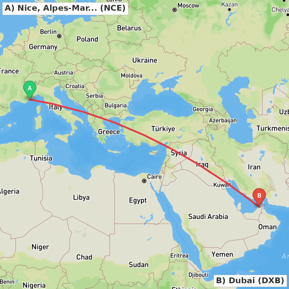 Flight route map from Nice, Alpes-Maritimes to Dubai