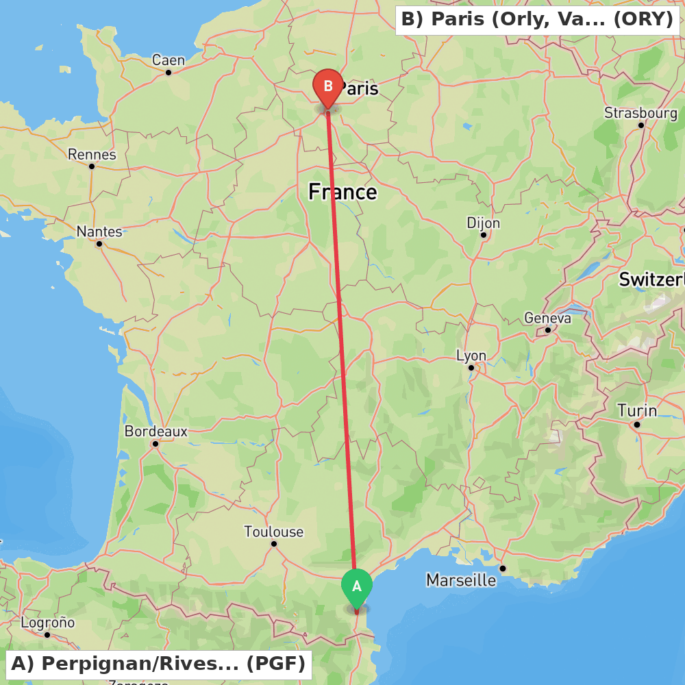 Flight route map from Perpignan/Rivesaltes to Paris (Orly, Val-de-Marne)