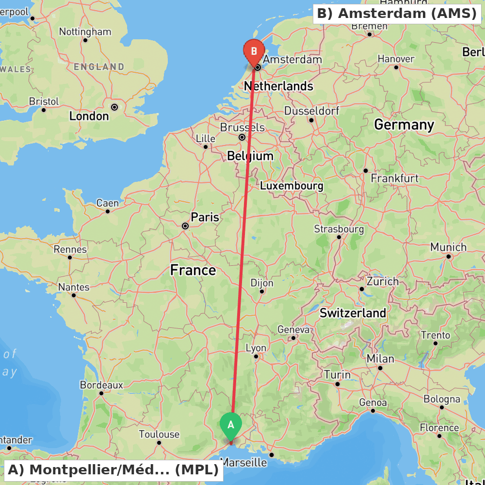 Flight route map from Montpellier/Méditerranée to Amsterdam