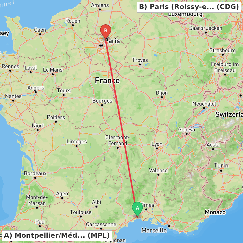 Flight route map from Montpellier/Méditerranée to Paris (Roissy-en-France, Val-d'Oise)