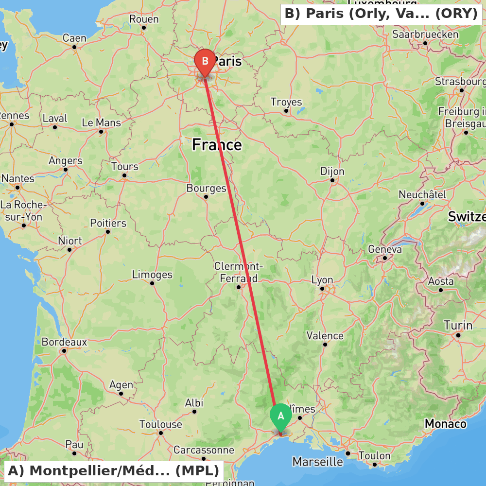 Flight route map from Montpellier/Méditerranée to Paris (Orly, Val-de-Marne)