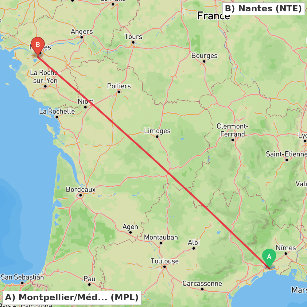 Flight route map from Montpellier/Méditerranée to Nantes