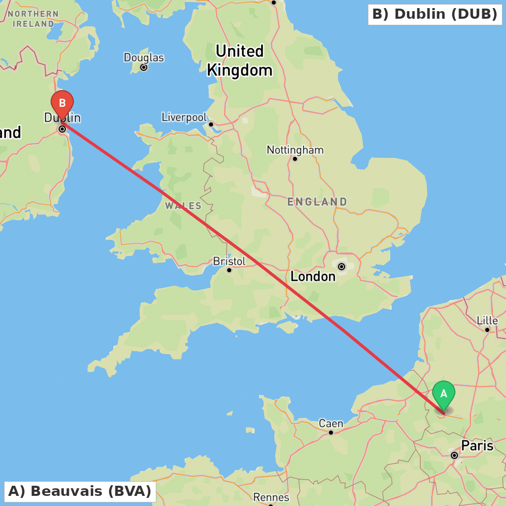 Flight route map from Beauvais to Dublin