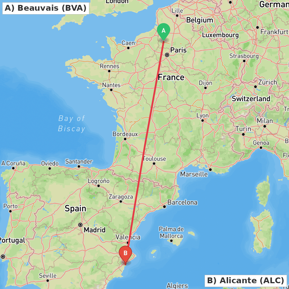Flight route map from Beauvais to Alicante