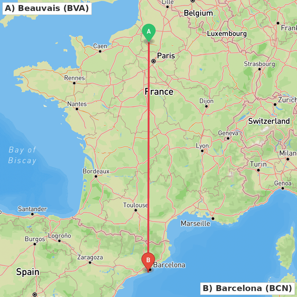 Flight route map from Beauvais to Barcelona