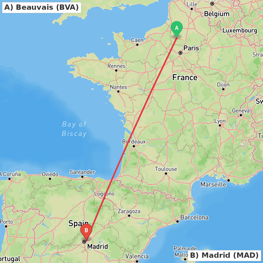 Flight route map from Beauvais to Madrid