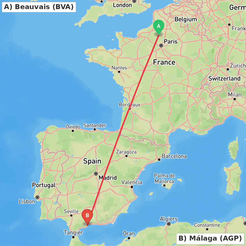 Flight route map from Beauvais to Málaga