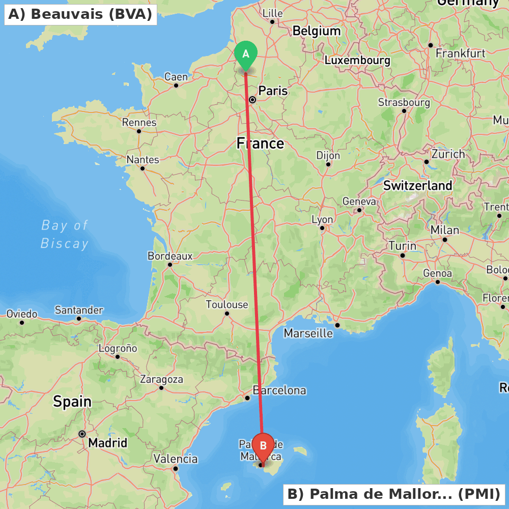 Flight route map from Beauvais to Palma de Mallorca