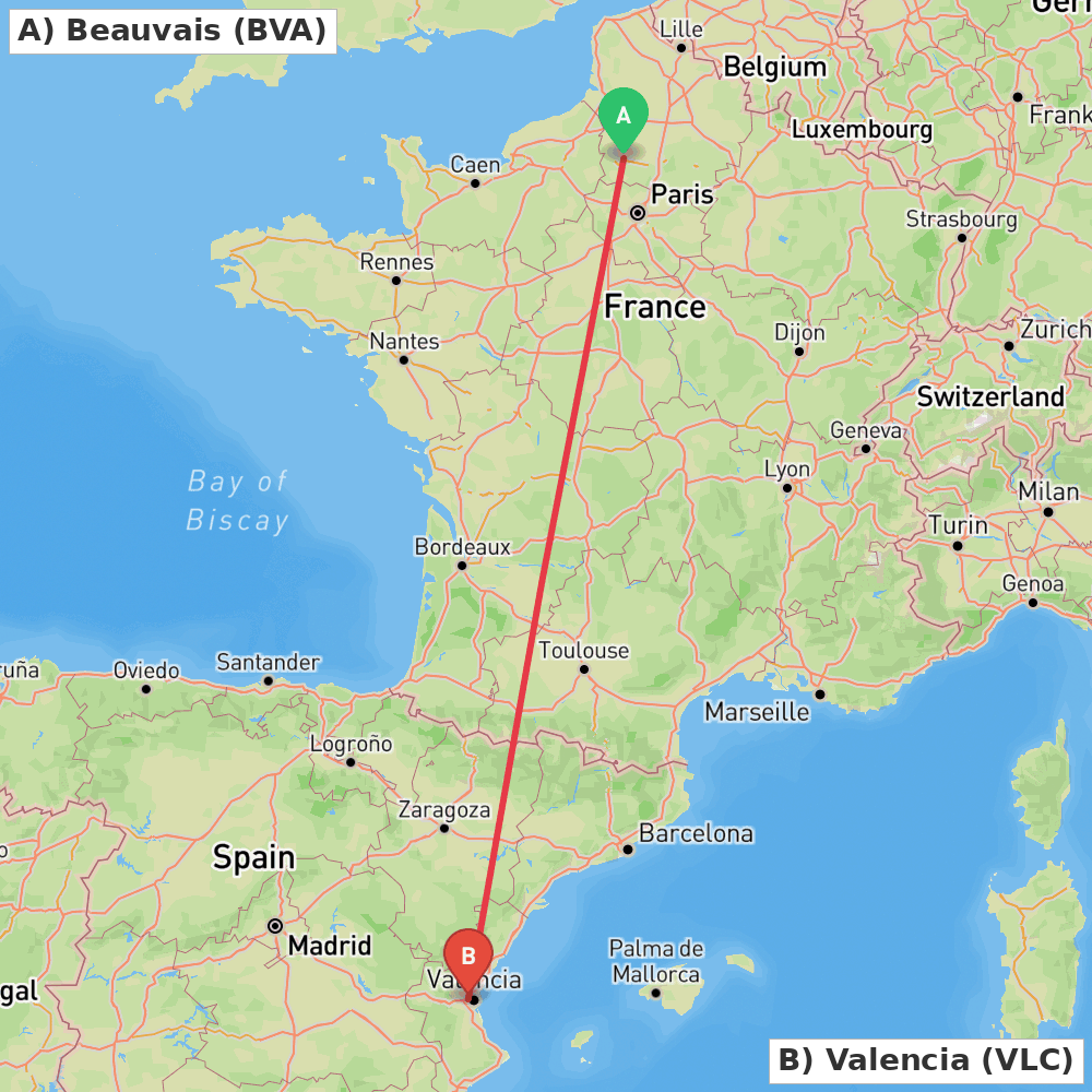 Flight route map from Beauvais to Valencia