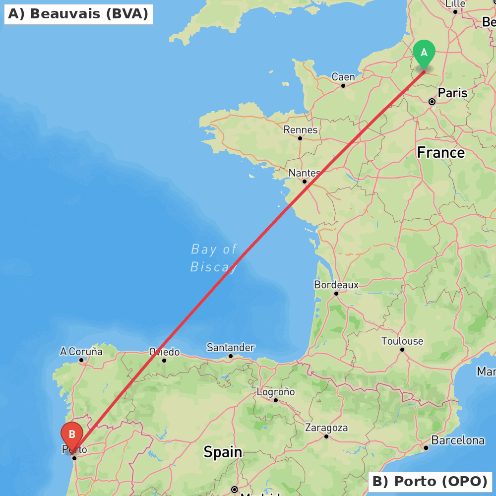 Flight route map from Beauvais to Porto