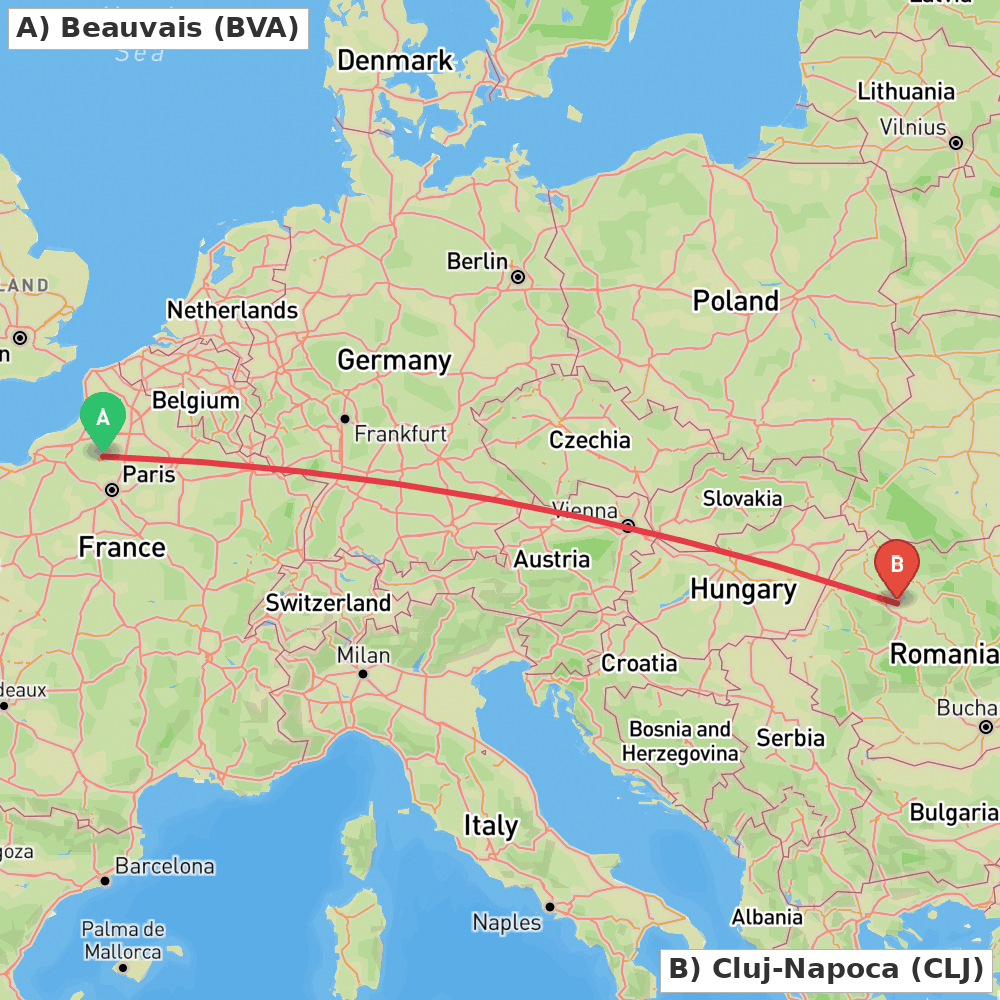 Flight route map from Beauvais to Cluj-Napoca